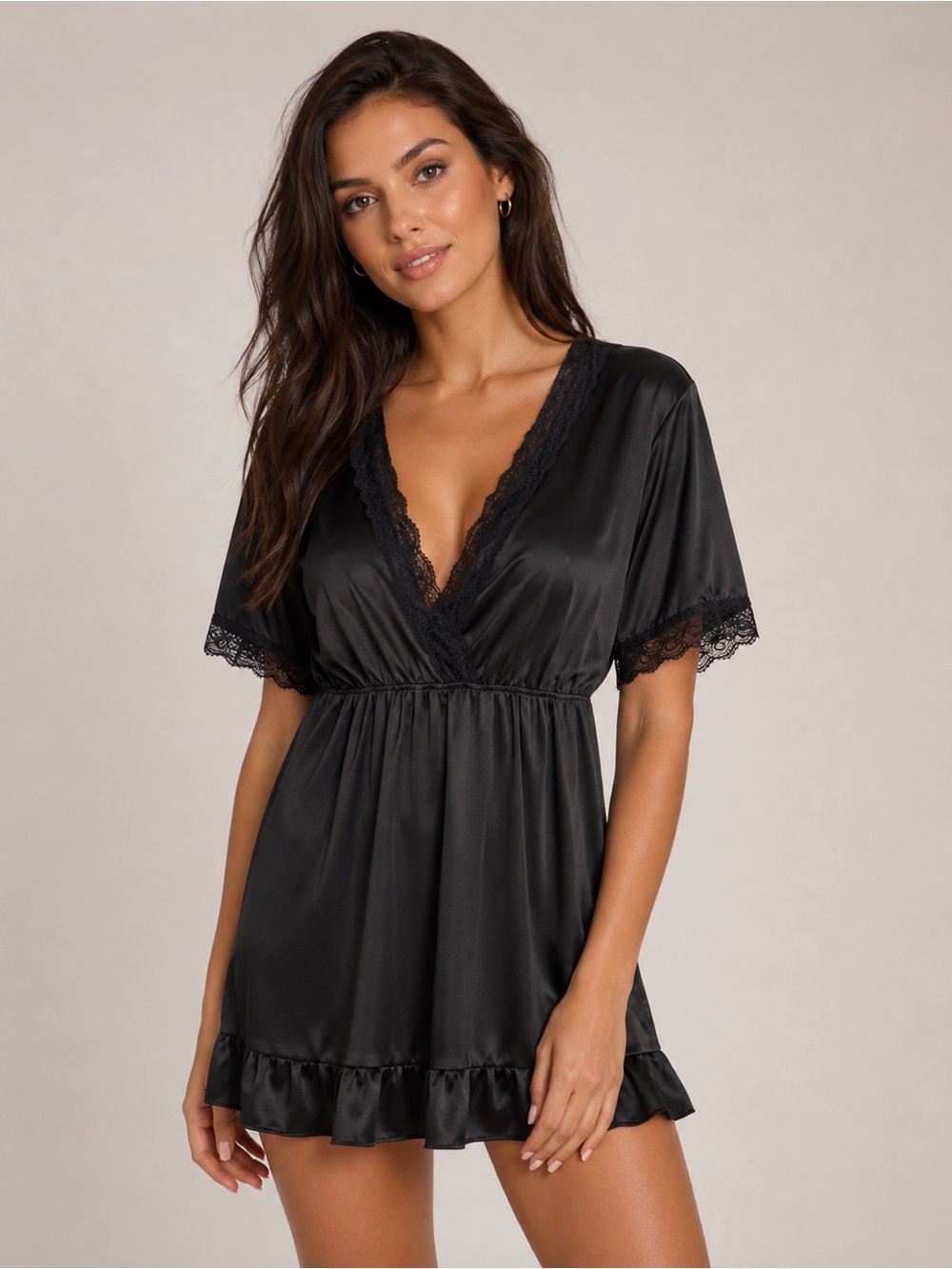 Black Satin Nightgown with Lace & Ruffle Accents, V-Neck, Short Sleeve Size 2X
